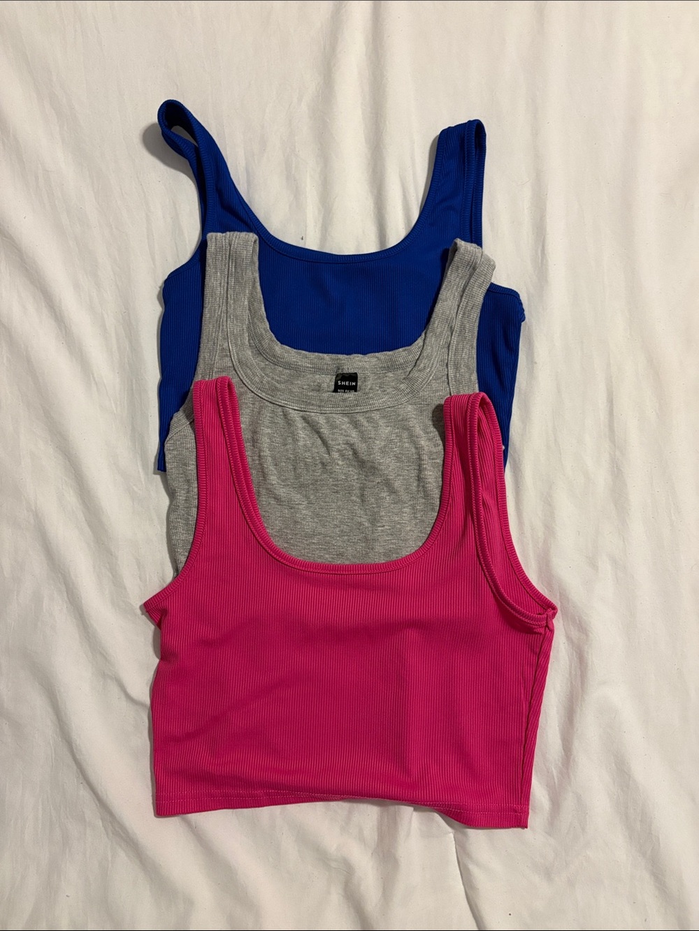 3 SHEIN Ribbed Scoop Tank Crop Top - Hot Pink, Gray, Royal Blue